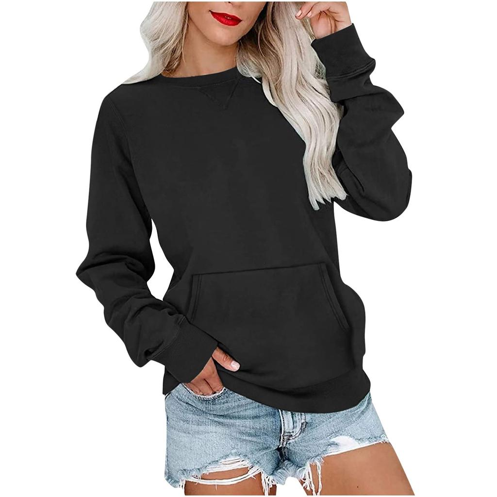 Women's Casual Fashion Comfortable Long Sleeve Solid Color Round Neck Pocket Sweater Tops