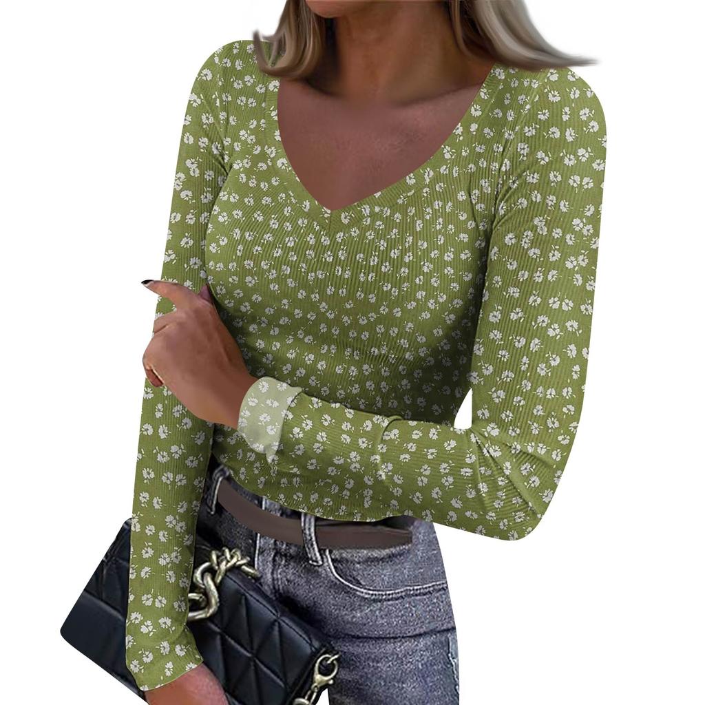 Damen Winter Slim-Fit Baselayer T-Shirt Modischer Druck V-Ausschnitt Pullover Langarm-Top