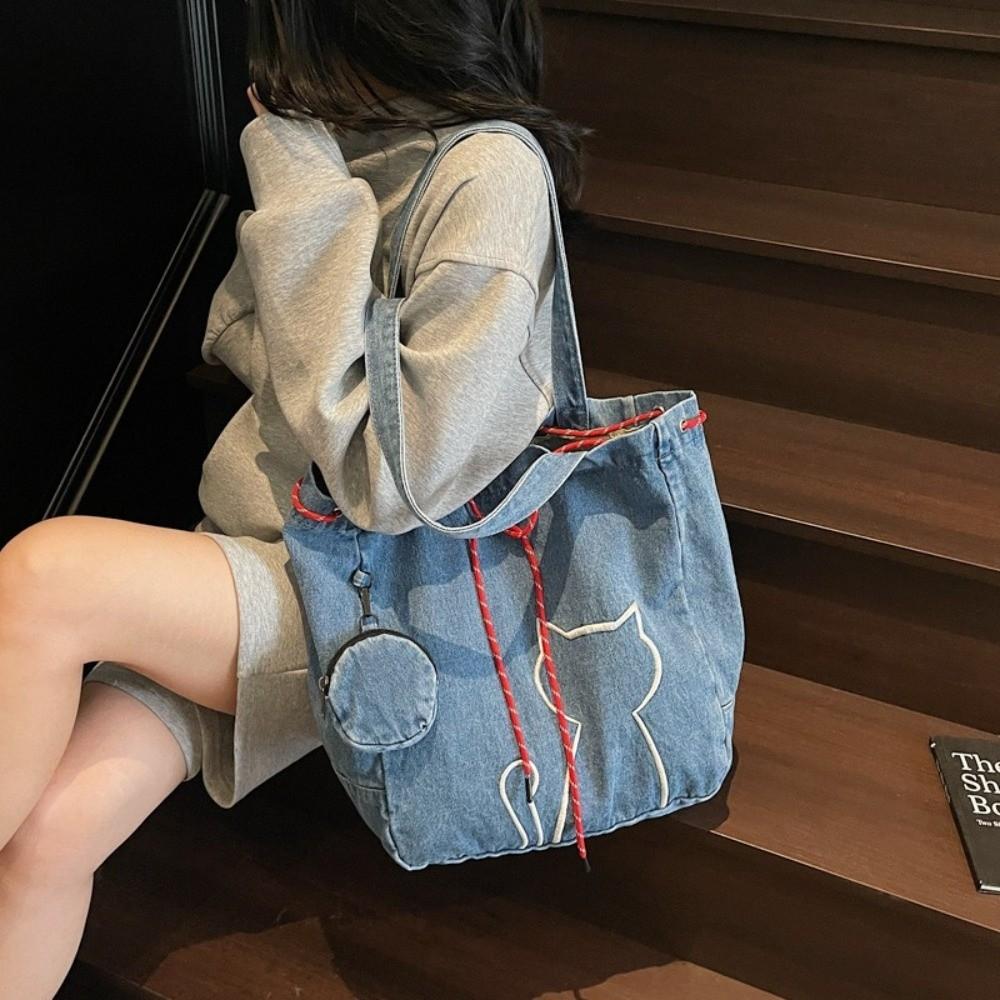 Denim Women Tote Bags Vintage Drawstring Bag Stylish Kitty Shoulder Bags  Handbag