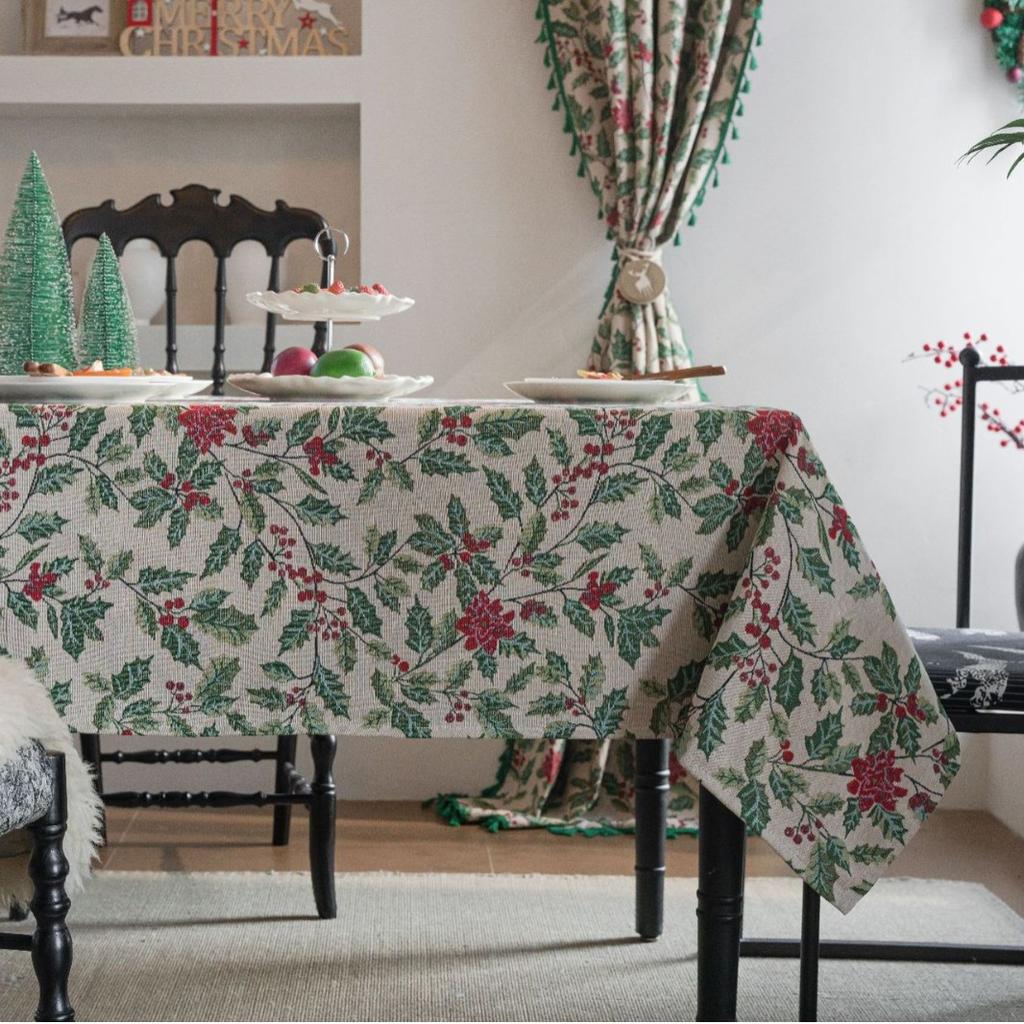 1PC Tablecloth Jacquard Christmas Contrast Holly Table Cloth Holiday Versatile Rectangle Home Decoration Home Textiles