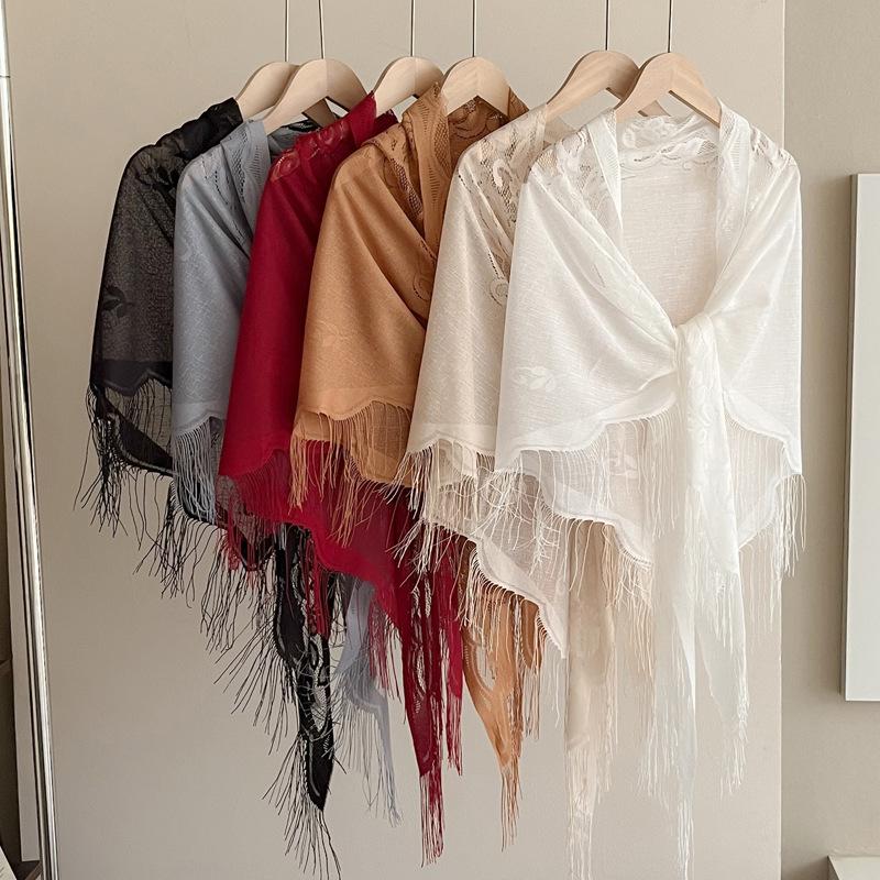 Lace Triangle Scarf Solid Color Fringe Sun Protection Shawl