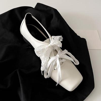 Mary Jane's Leather Shoes with Square Toe High-end Feel Tied with White Thick Single Shoes Paired with Skirts Women's Shoes
