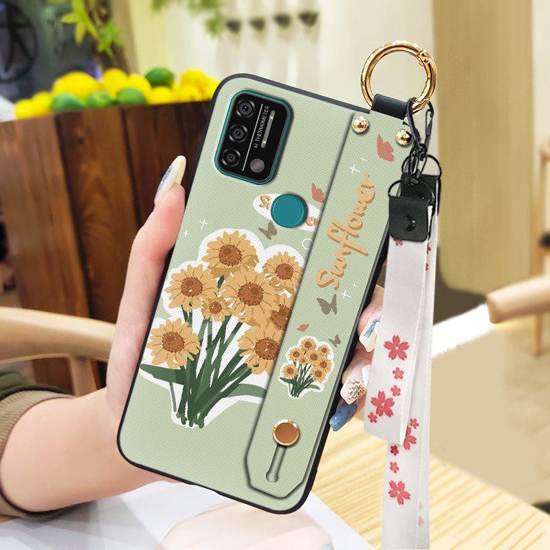 Silicone Waterproof Phone Case For UMIDIGI A9 Protective Oil Painting Flower Wrist Strap Kickstand Dirt-resistant Ring