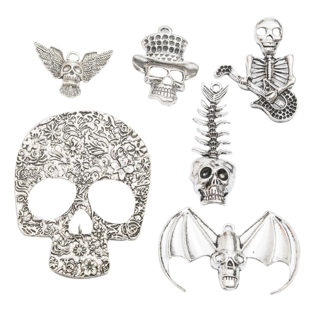6x Mieszane Antyczne Srebrne Wisiorki Szkielety Charmsy Biżuteria Halloweenowa Rękodzieło
