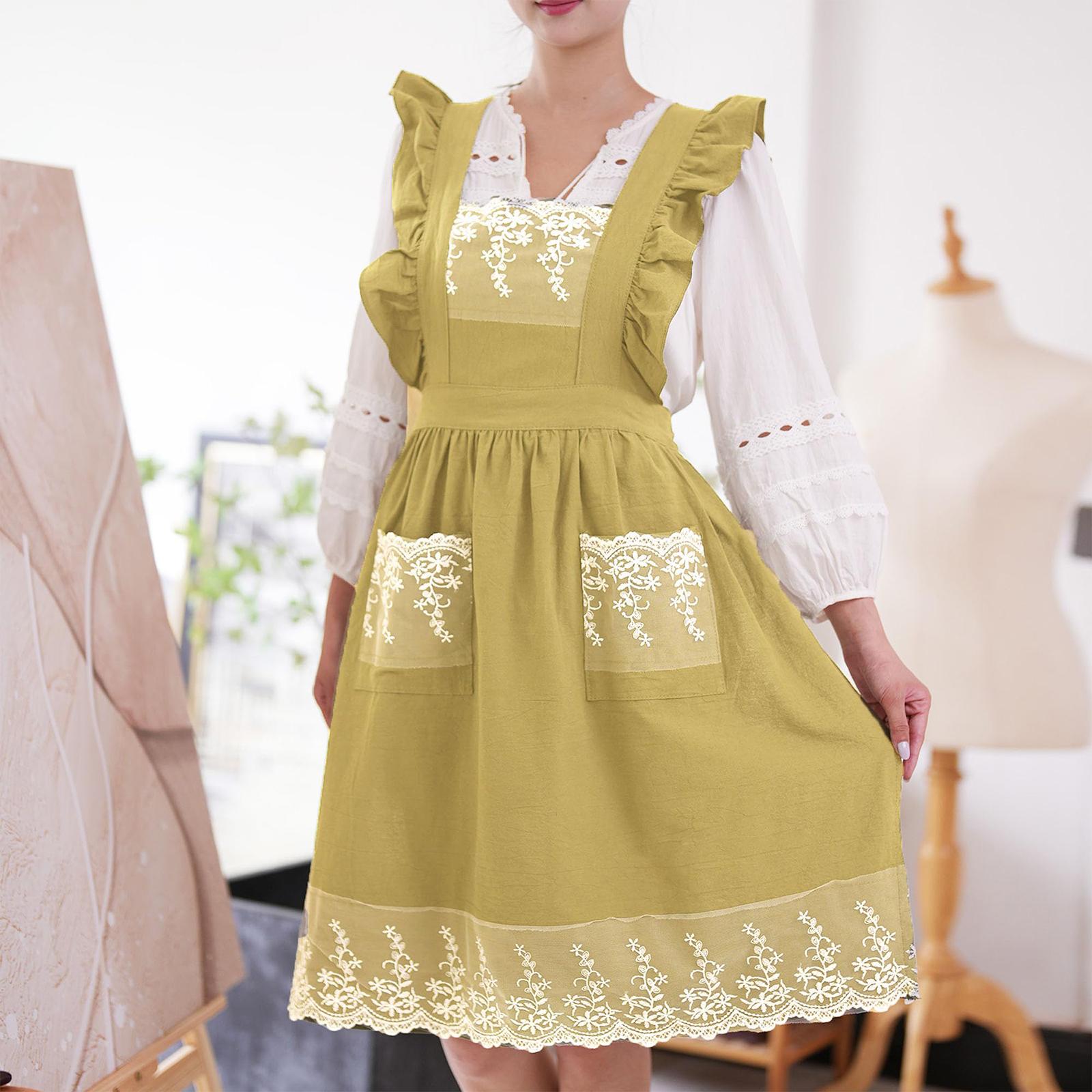 

Leisure And Fashion Home Floral Art Japanese Gardening Baking Lace Sleeveless Apron One Size жовтий