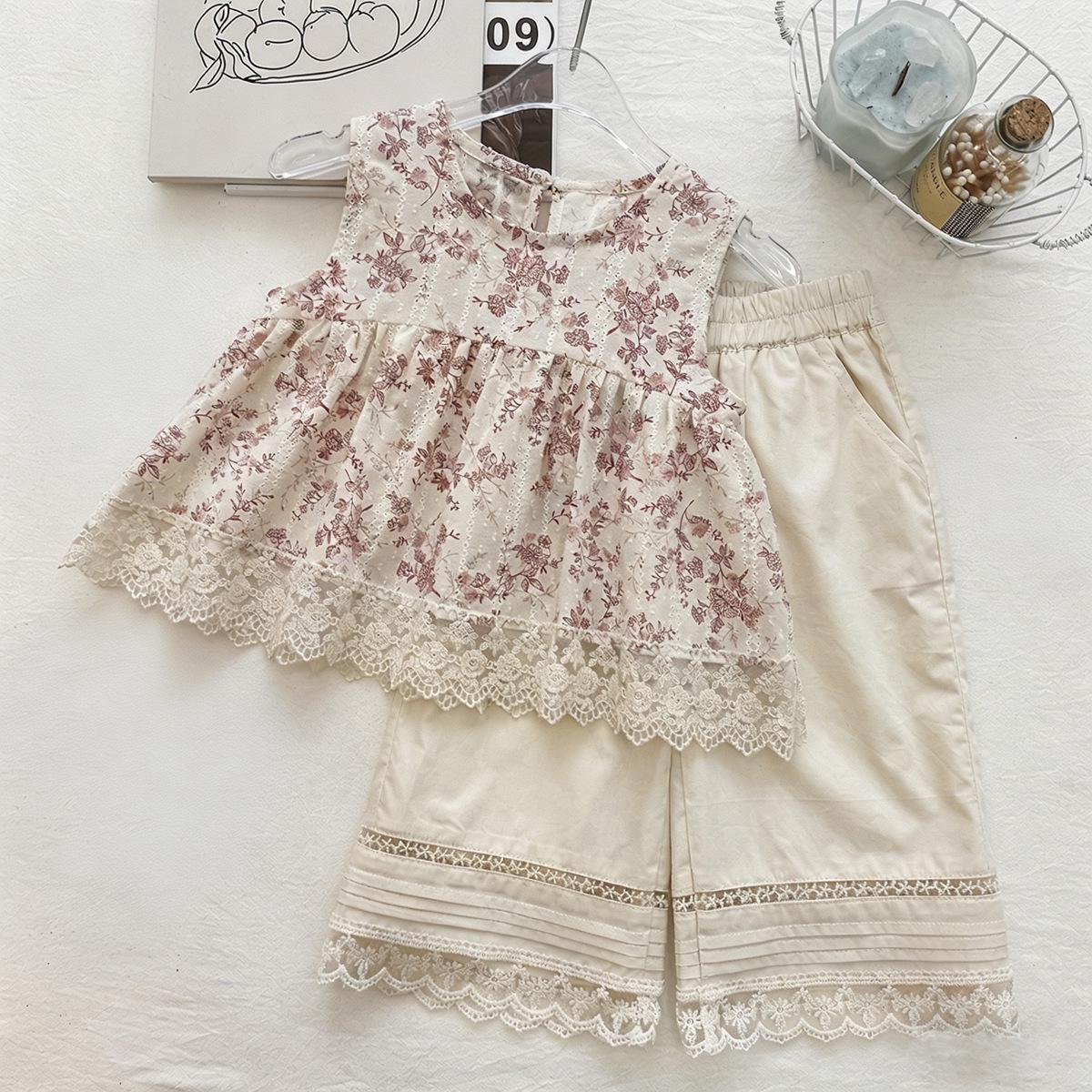 Girls Floral Sleeveless Doll Shirt & Lace Trim Wide-Leg Pants Set, Summer 2026 Collection 150 cm