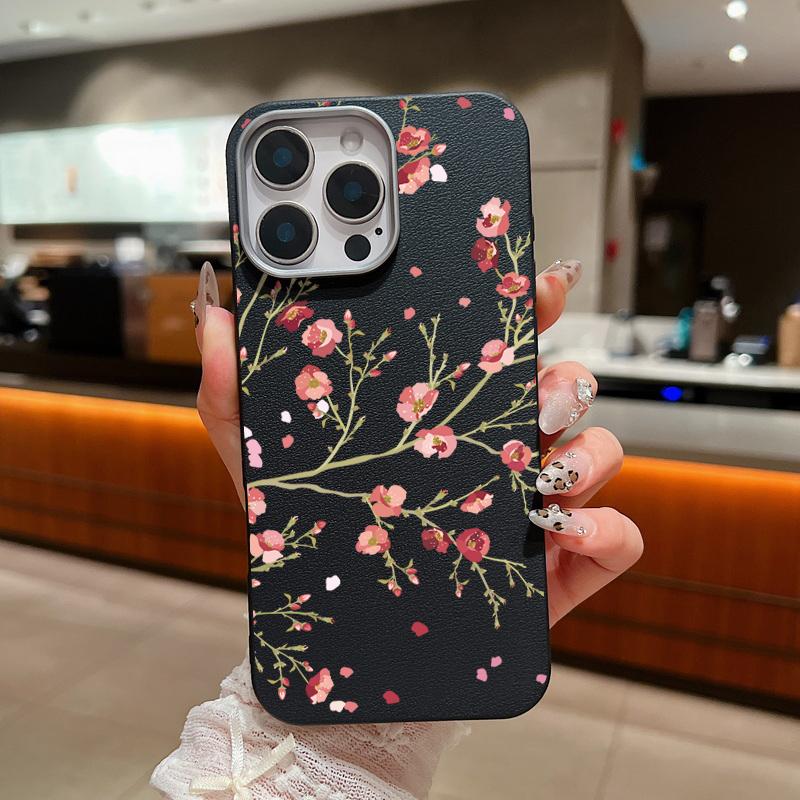 Shockproof Soft Tpu Peach Blossom Pattern Phone Case for iPhone 16 Pro 15 14 Plus 13 12 Pro Max 11 Leather Texture Plain Color Slim Cover