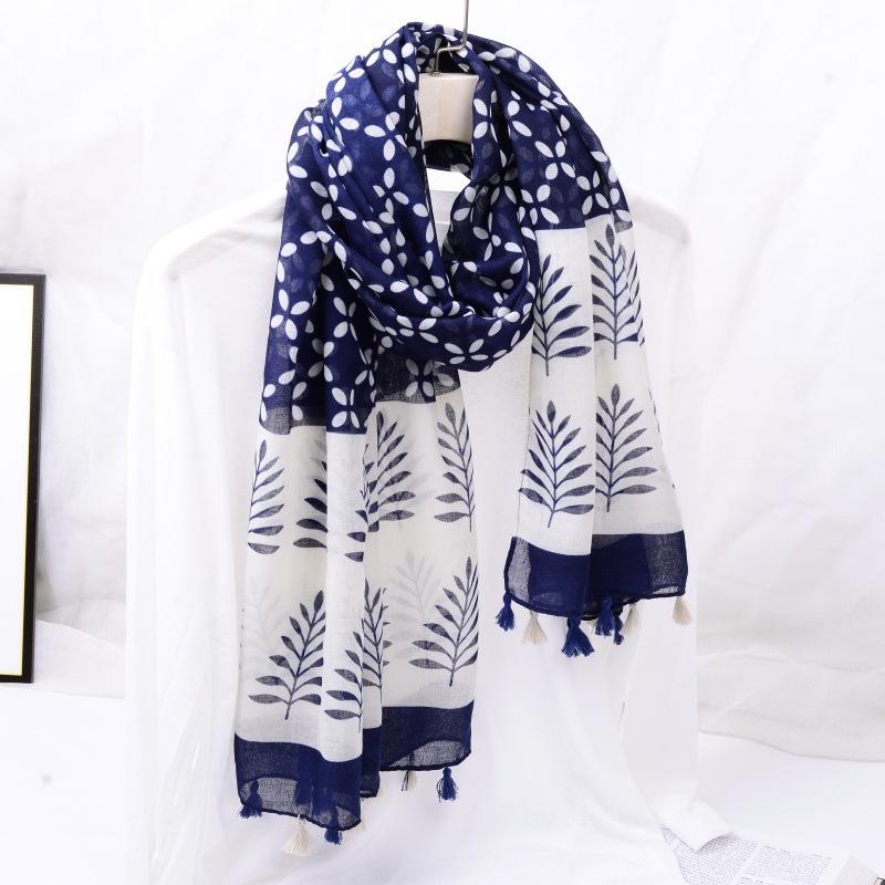 Ethnic Style Blue and White Porcelain Cotton and Linen Scarf, Women's Artistic Shawl, Travel Sunscreen Scarf, Office Shawl