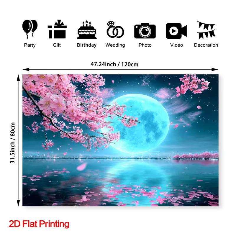 2D Aesthetic Blue Moon Lake with Cherry Blossoms Wall Hanging 47.2x31.5inch/120*80cm
