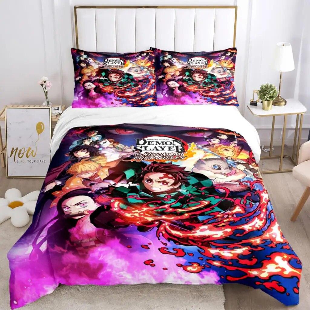 Demon Slayer Print Dreiteiliges Bettwäscheset Modeartikel Kinder oder Erwachsene für Betten Bettbezüge Kissenbezüge Bettwäscheset Geschenk