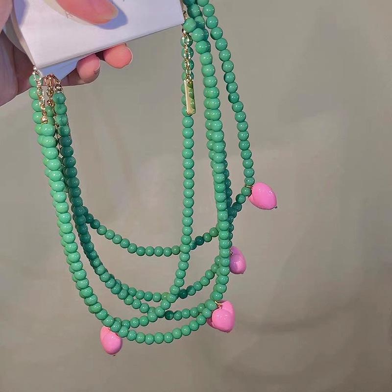 2024 Nouvelle Tendance Vintage Résine Acrylique Rose Cœur d'Amour Vert Collier Perlé pour Femmes Bijoux Esthétiques Mode Accessoires de Cou