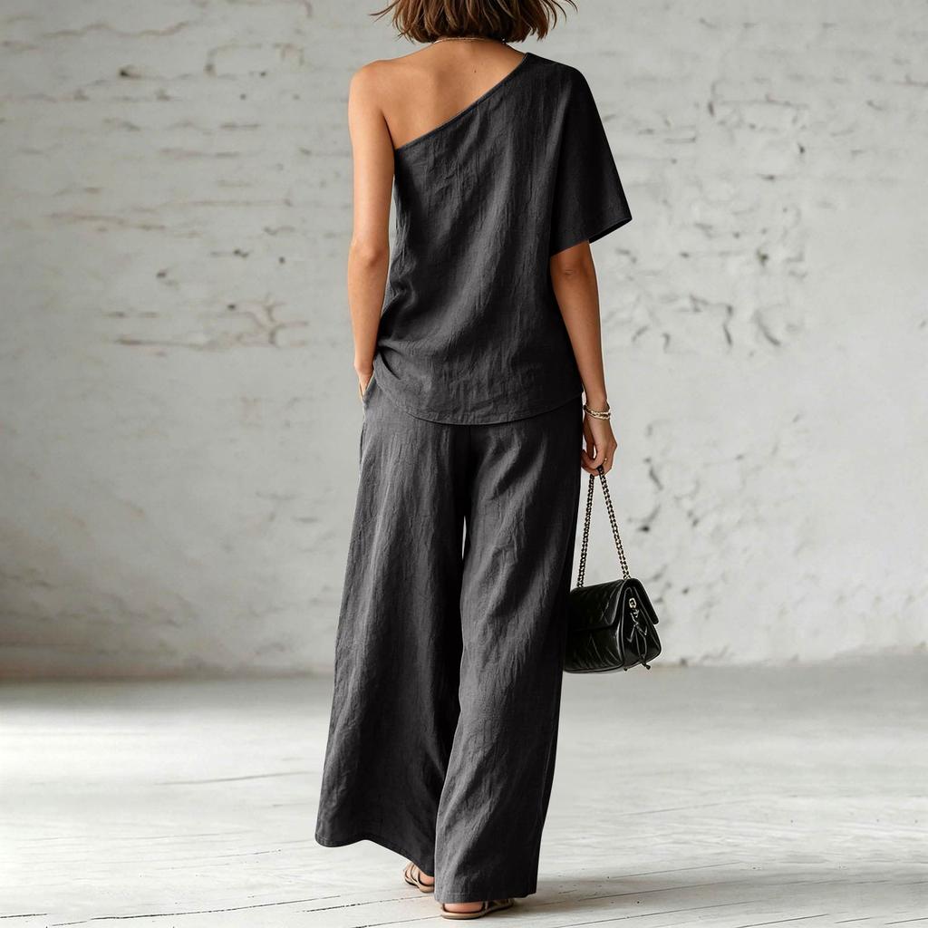 Damen 2-teiliges Outfit, einärmeliges Oberteil mit kurzer Ärmellänge und hochtaillierte Hose mit weitem Bein, lässiges Boho-Leinenmischgewebe, Sommer-Loungewear