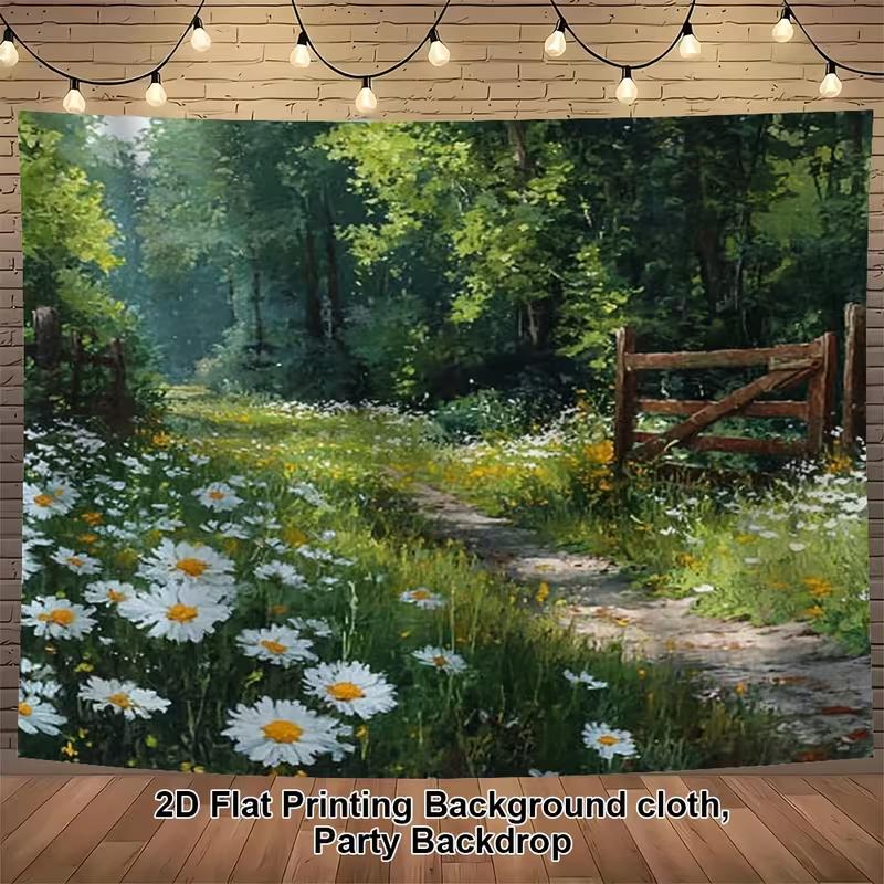 2D Wildflower Meadow and Wooden Fence Background Cloth Photo Booth Prop