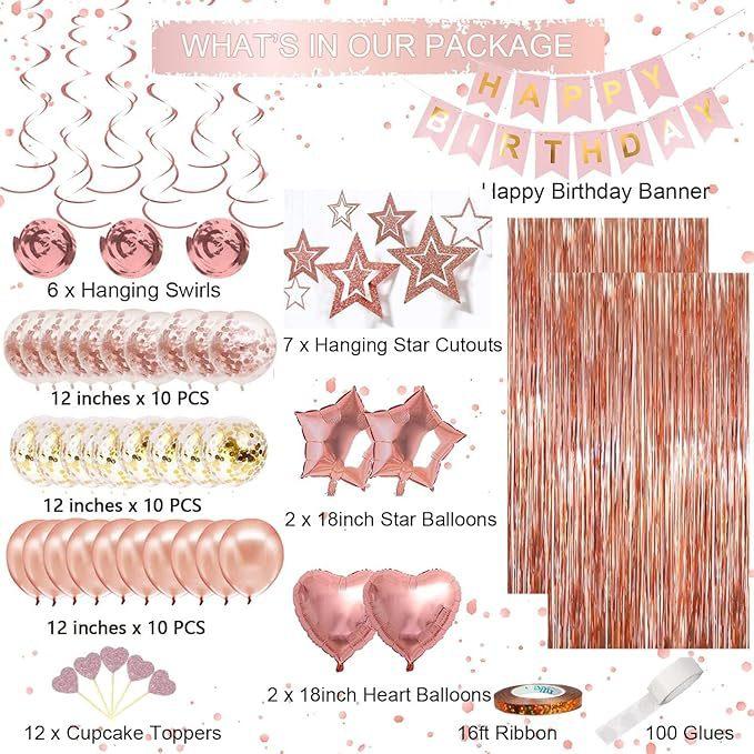Rose Gold Birthday Flag Balloon Set Party Decorative Pendant, Rose Gold Rain Curtain Birthday Set