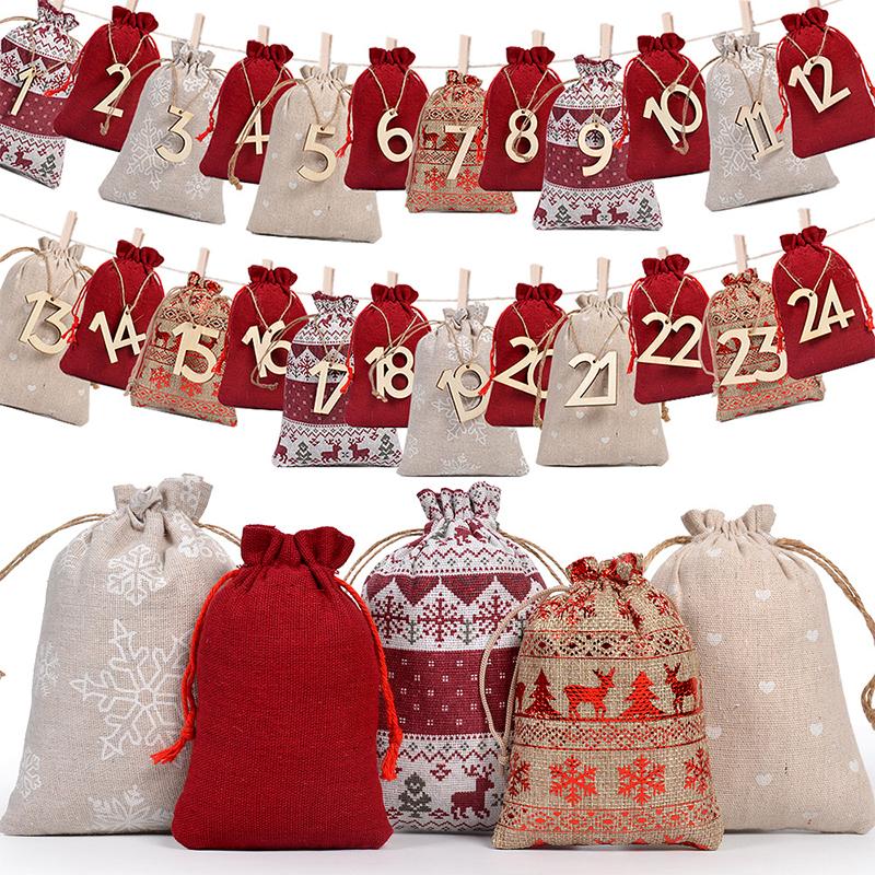 Christmas Advent Calendar Burlap Bag Drawstring Countdown Bag For DIY Candy Gift Party Favor Kids Adults