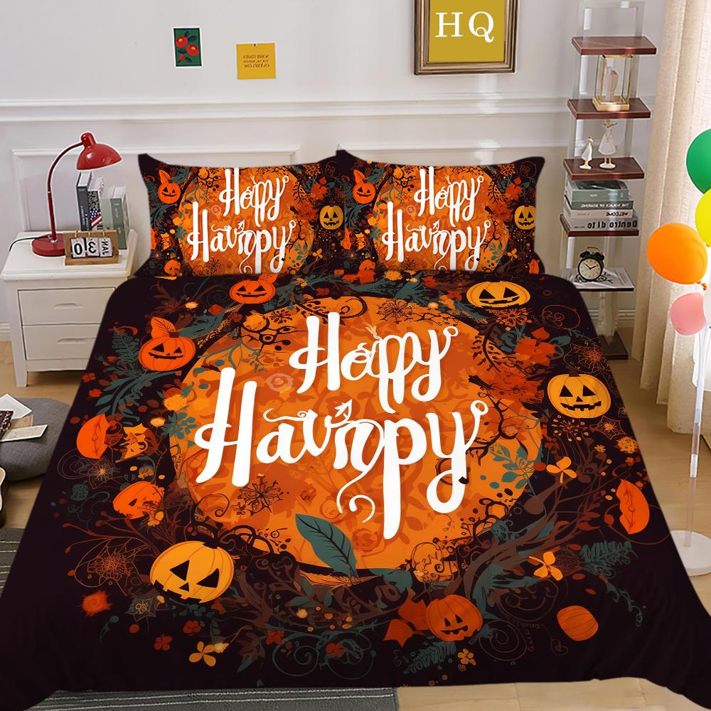 3D Halloween Home Bedding Set Pumpkin Ghost Quilt Cover Pillow Case 2/3 Pieces AU220 * 240 Full Size Soft and Easy To Clean Bedroom Decoration
