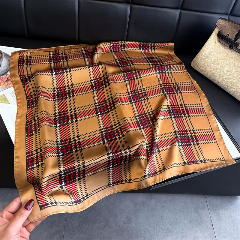 British plaid printed scarf imitation silk retro high-end sunscreen shawl neck square scarf scarf silk scarf headscarf