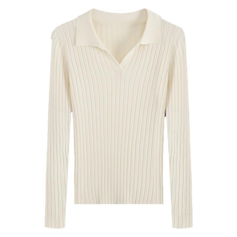 Solid Color V-Neck Long Sleeve Knit Sweater Top for Women, Spring 2025 Slim Fit