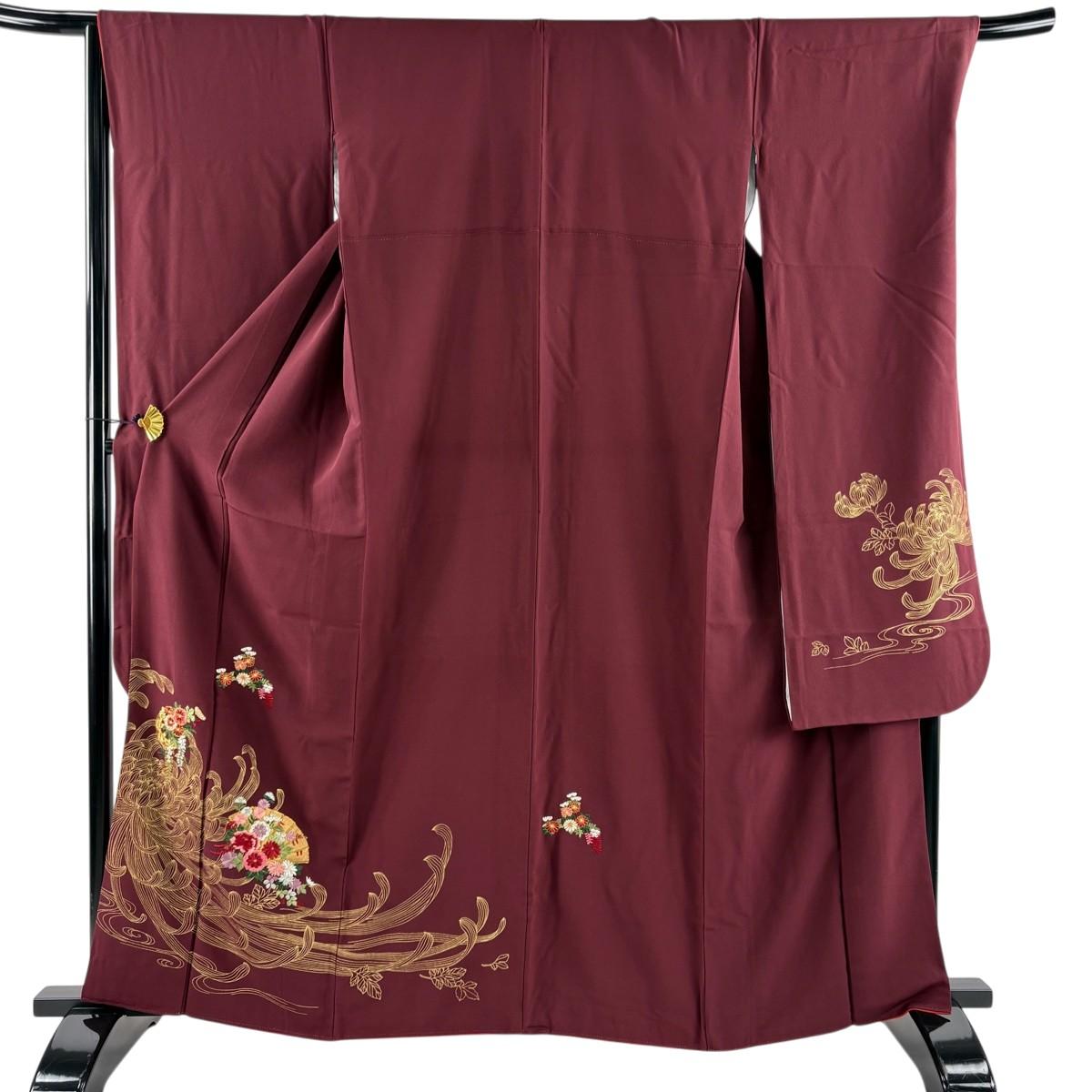 

Furisode, length 164.5cm, sleeve length 67cm, M, lining, Hinoki fan, Rangiku, embroidery, gold, red bean, pure silk, excellent item [Used]