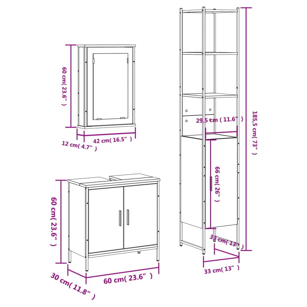 3 Piece Bathroom Furniture Set Gray Sonoma Particleboard