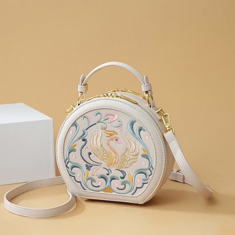 Vintage Embroidery Round Shoulder Bag, Zipper Handbag, Classic Trend Niche Satchel Bag