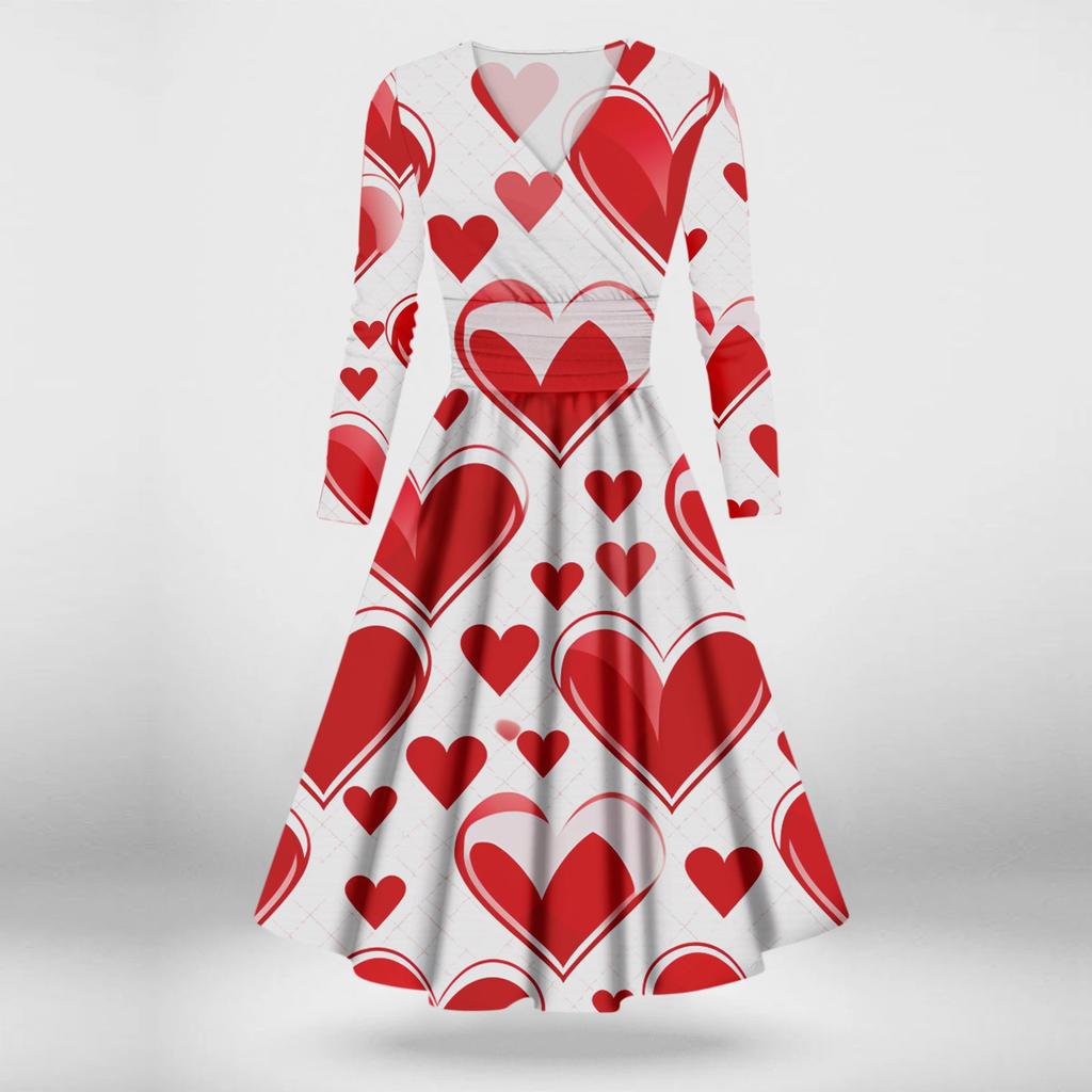 Damenmode, lässig, Valentinstag, bedruckt, langärmelig, V-Ausschnitt, sexy Kleider