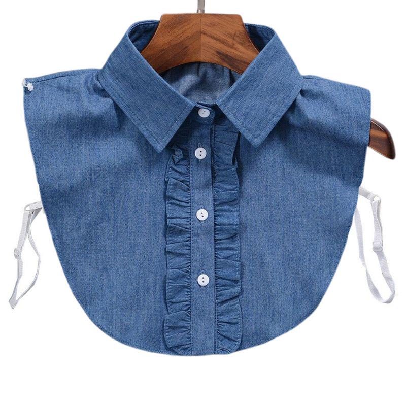 Minimalist Stripes Denim Women Detachable Lapel Fake Collar Cute Doll Ruffles Lace Splicing Button Down False Half Shirt Blouse
