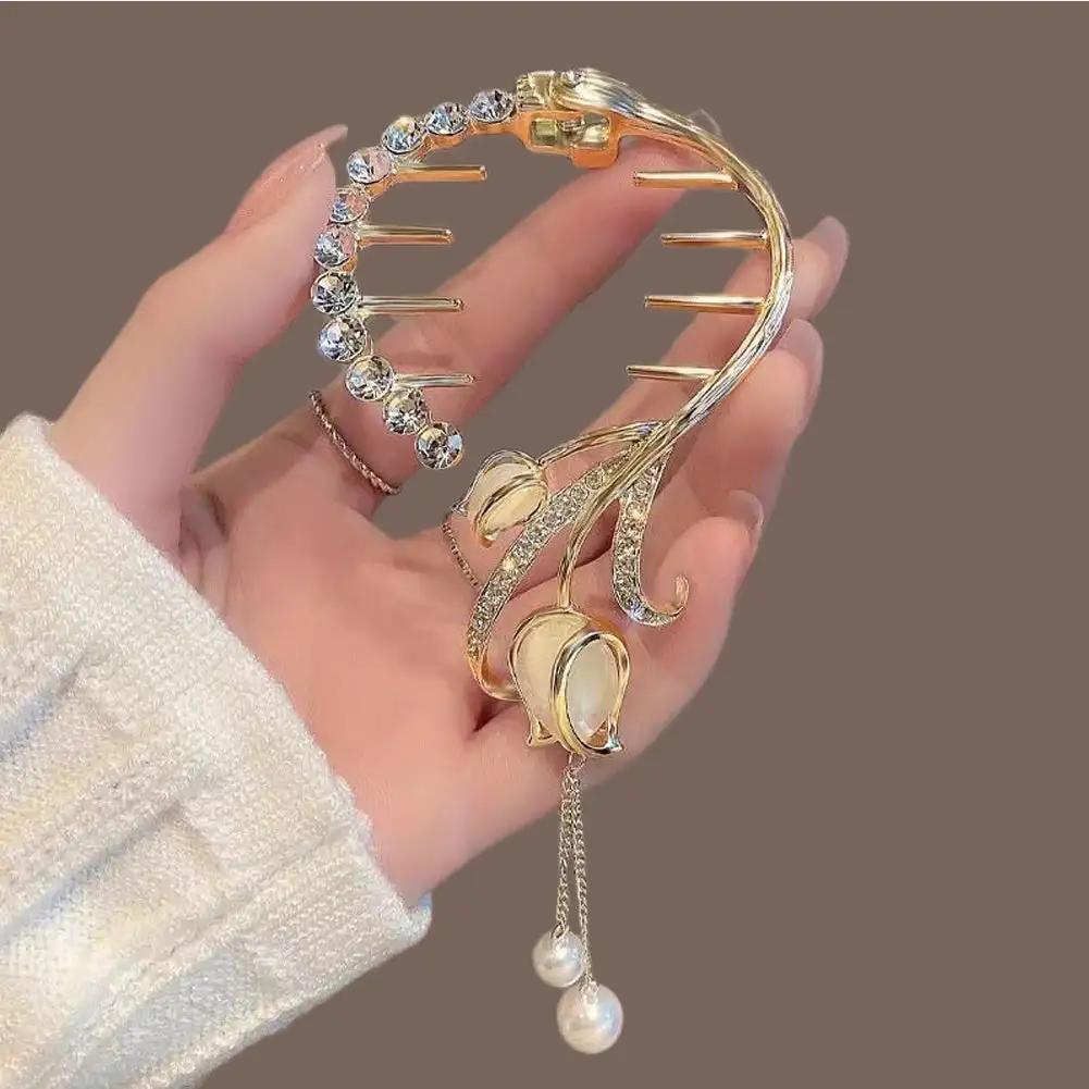 Elegant Tassel Hair Claw Rhinestone Pearl Flower Tassels Hair Clip Women Girl Ponytail Holder Hairpins Fringe Hair Accessories