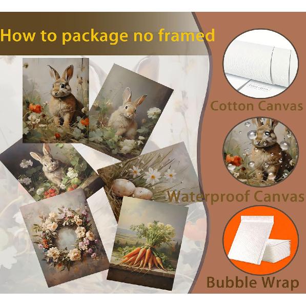 6Pcs Retro Bunny Easter Canvas Wall Art Easter Eggs Wreath Posters Prints Paintings Rustic Countryside farmhouse Pictures Wall Decor for Living Room