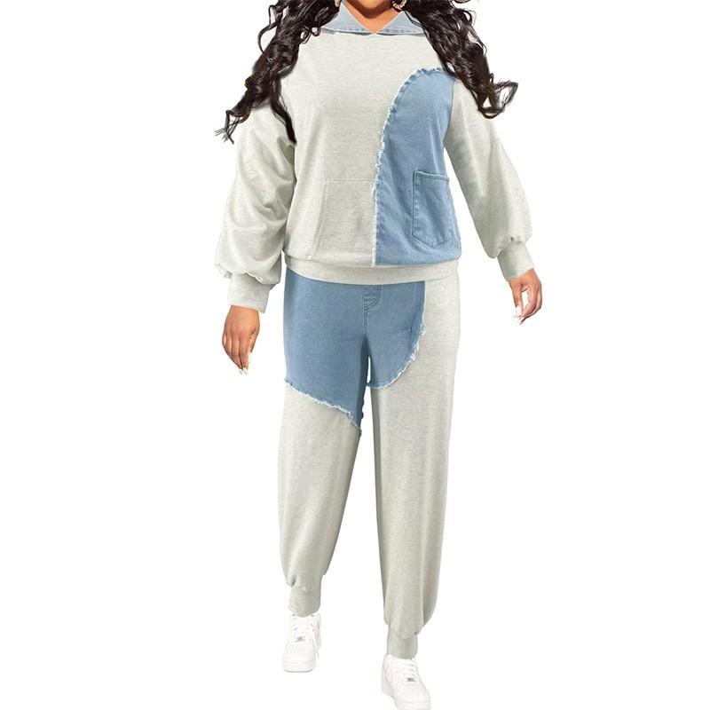 Plus Size Women Winter Denim Set Oversized Long Sleeve Top Wide Leg Pants Streetwear Casual Outfit Brick Red Orange Light Gray Blue 1XL-5XL