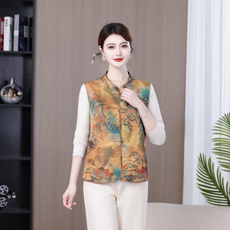 2026 New Traditional Chinese Style Spring Vest for Women - Loose Fit Cardigan for Mid-Aged & Elderly
