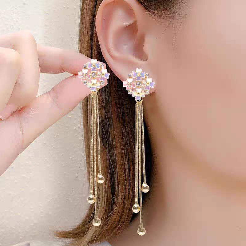 Korean Style Elegant Rhinestone Flower Tassel Earrings