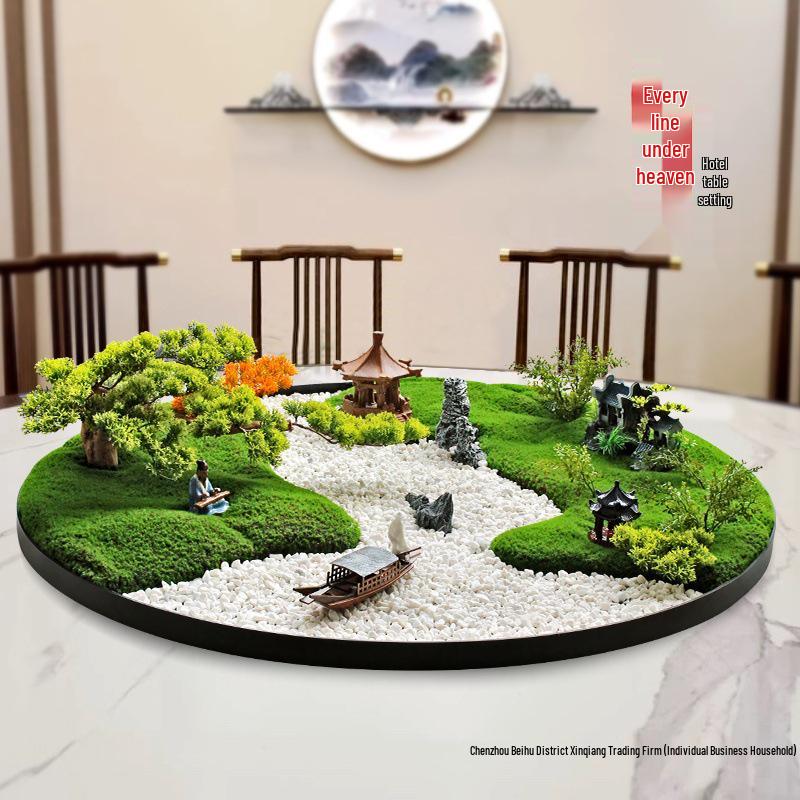 

Large Round Turntable Centerpiece with Artificial Bonsai Flower Arrangement for Hotel Dining Table Decor 40cm - Evergreen Pine and Cypress