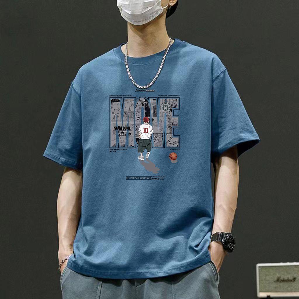 Mens Basketball Pattern T-shirt O-neck Short Sleeves Cotton Tee for Slum Dunk Fans