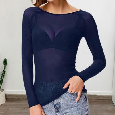 Kadın Şeffaf File Üst Uzun Kollu Slim Fit Gömlek Seksi Şeffaf Tül O Yaka Güneş Korumalı Üstler