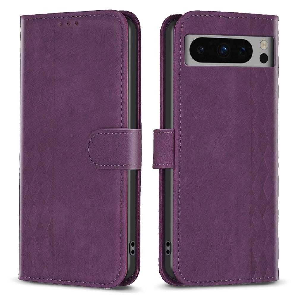 

For Google Pixel 8 Pro PU Leather Phone Case Grid Pattern Imprinted Phone Cover with Stand Wallet Purple