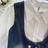 Chic Hong Kong Sle Retro Denim Väst Väst Trendig Staplad Allmatchande Kort Puffärm Skjortor Tvådelat Set Topp