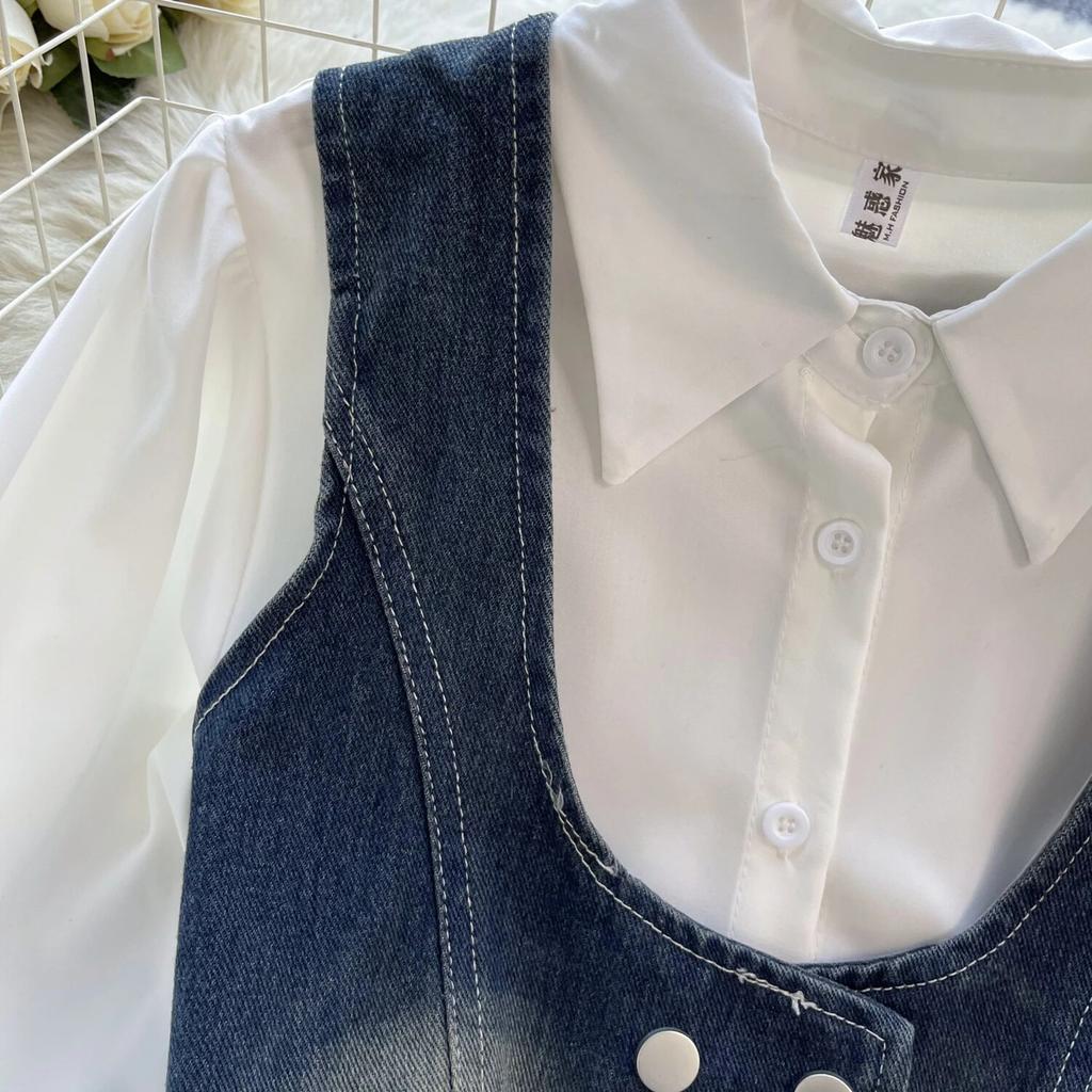 Colete Jeans Retro Chic de Hong Kong Colete Moda Empilhada Versátil Camisas de Manga Curta Bufante Conjunto de Duas Peças Top