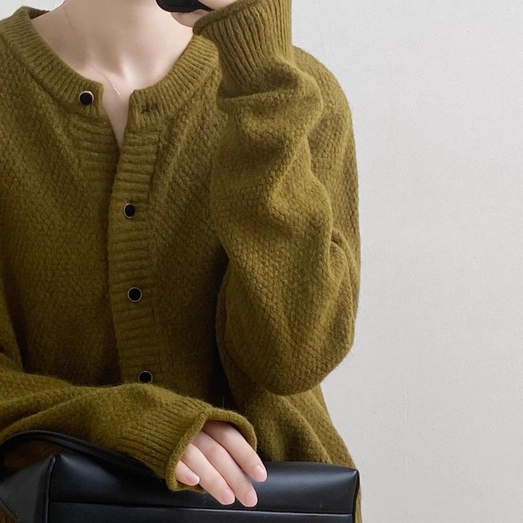 Lazy Style Round-neck Yellow Sweater Jacket for Women Spring and Autumn Knitted Cardigan Loose Solid Color Long-sleeved Casual Sweater Cardigan