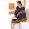 Vitange  Ethnic Pullover Sweater Coat Women Autumn Color Block Striped Loose Knit Sweater Fringed Hem Shawl Top