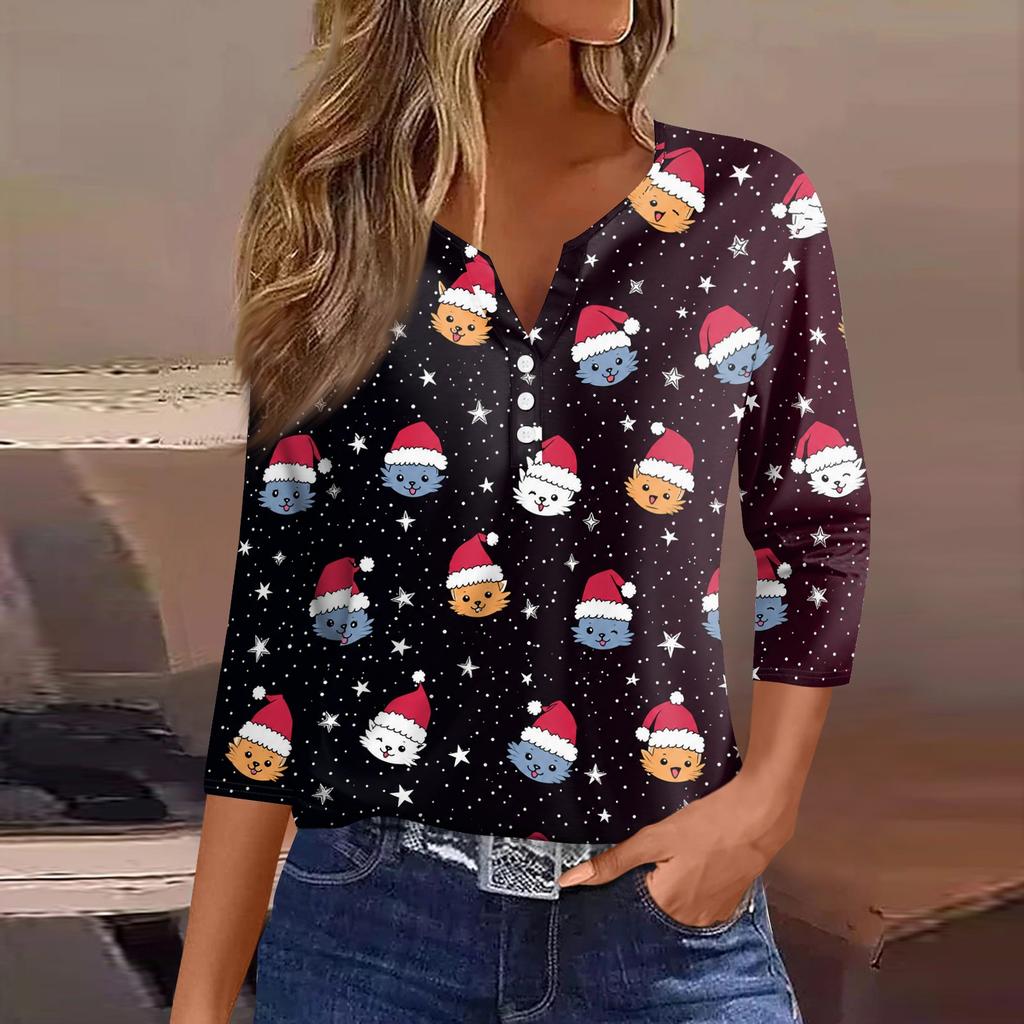 Women's Casual Christmas Print V-Neck 3/4 Sleeve Button T-Shirt