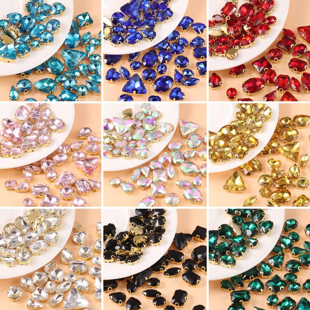 Mixed size glass rhinestone with claw cut diamond on stone bar, K gold base metal crystal, used for embroidery 50 pieces/pack