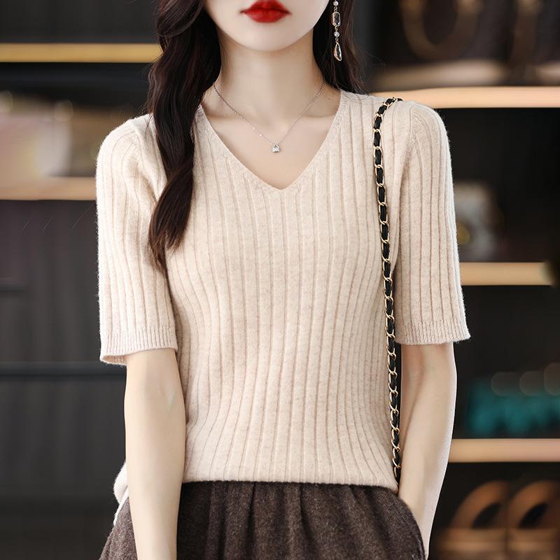 Frühling Sommer Damen V-Ausschnitt Kurzarm Exquisiter Kaschmir Strickpullover Pullover Einfarbig