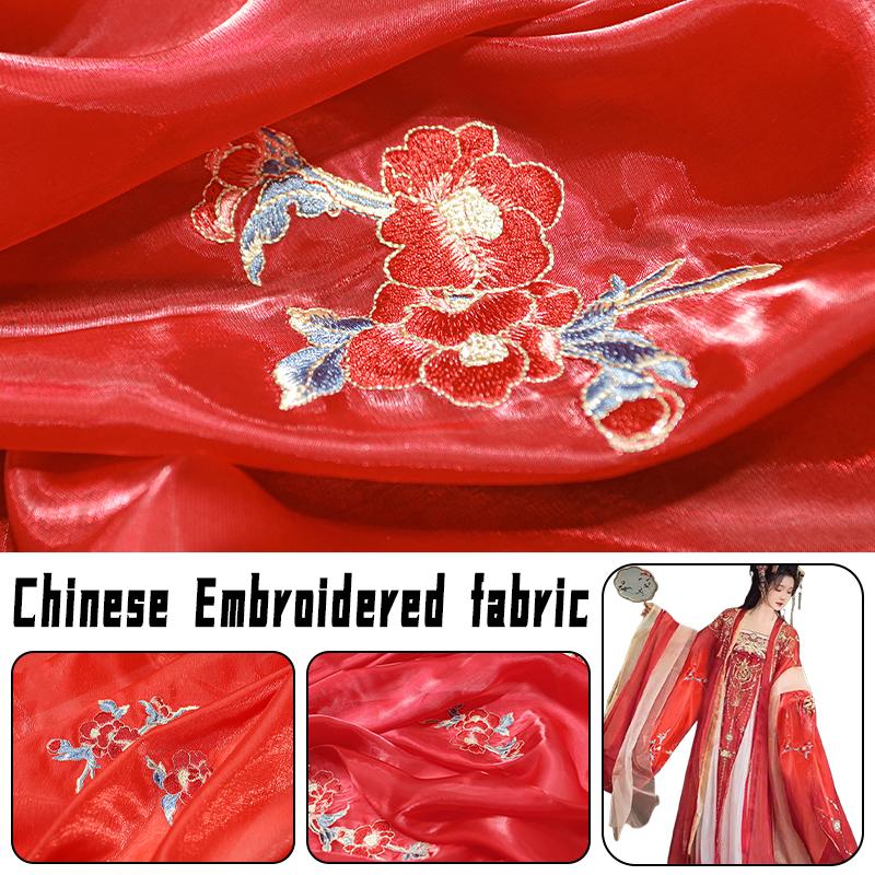 50*150cm Camellia Flower Embroidery Fabric For Sewing Ancient Hanfu Dress Skirts Stage Costume Chinese Designer Fabric