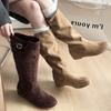 Leather Inner Height Increase Western Cowboy Pile Boots Women's 2025 Autumn and Winter New Thin High Boots Long Knight Boots