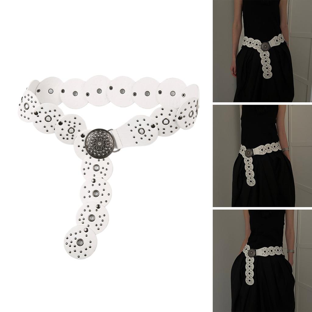 Women Belt for Jeans Skirt Hollowed Round Disc Wide Waist Belt Subculture Pants Belt with Large Eyelet Clothing Decors