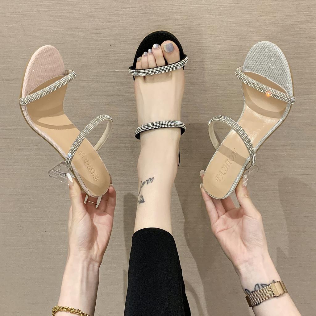 Highheeled cool slippers women's summer new rhinestone outer wear fashionable European and American largesize oneword belt women's shoes