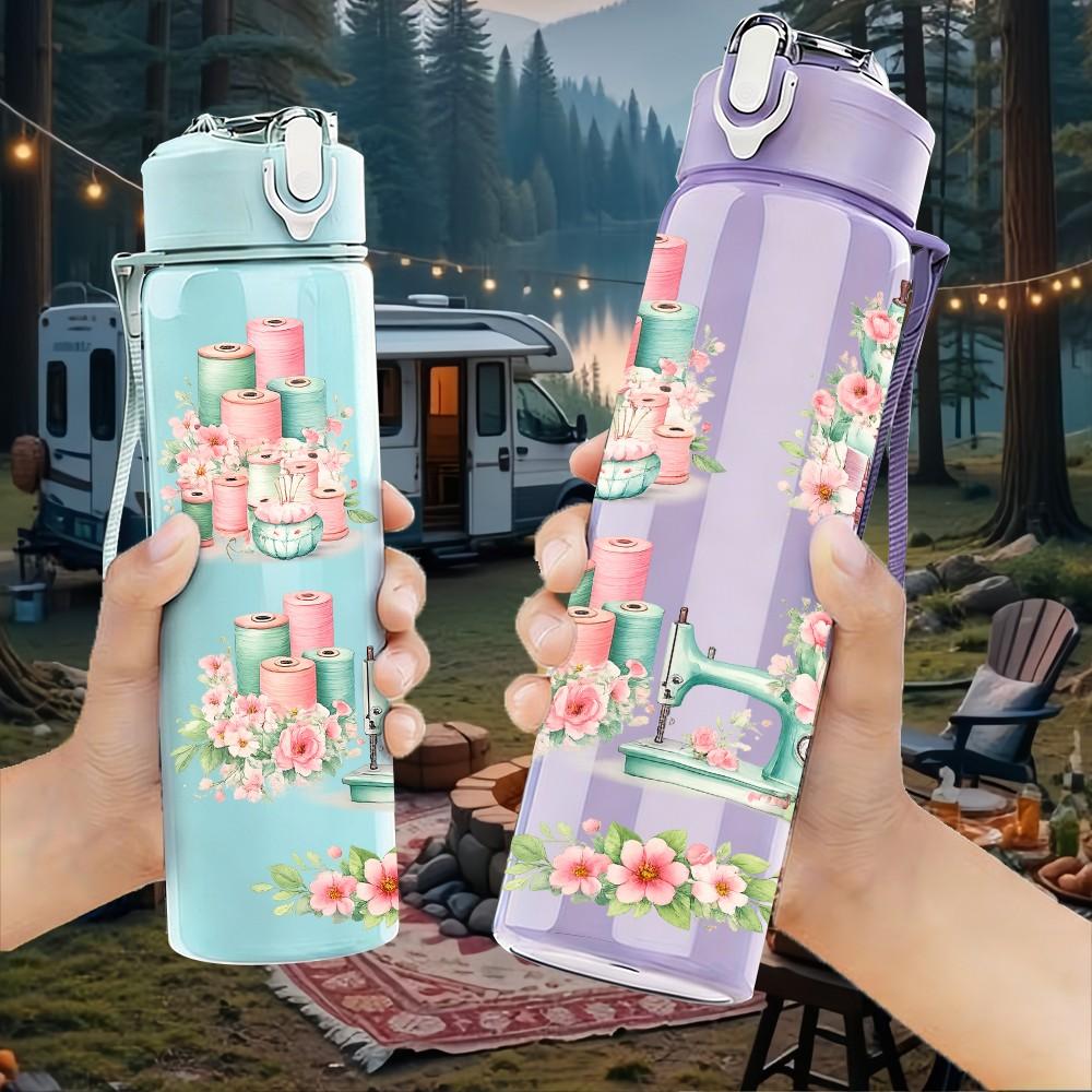 1PC Pastel Building Dreamy Scenery Print 750ml Color Plastic Sports Water Bottle Leakproof Flip Straw Lid Suitable for Sports Office Home Use
