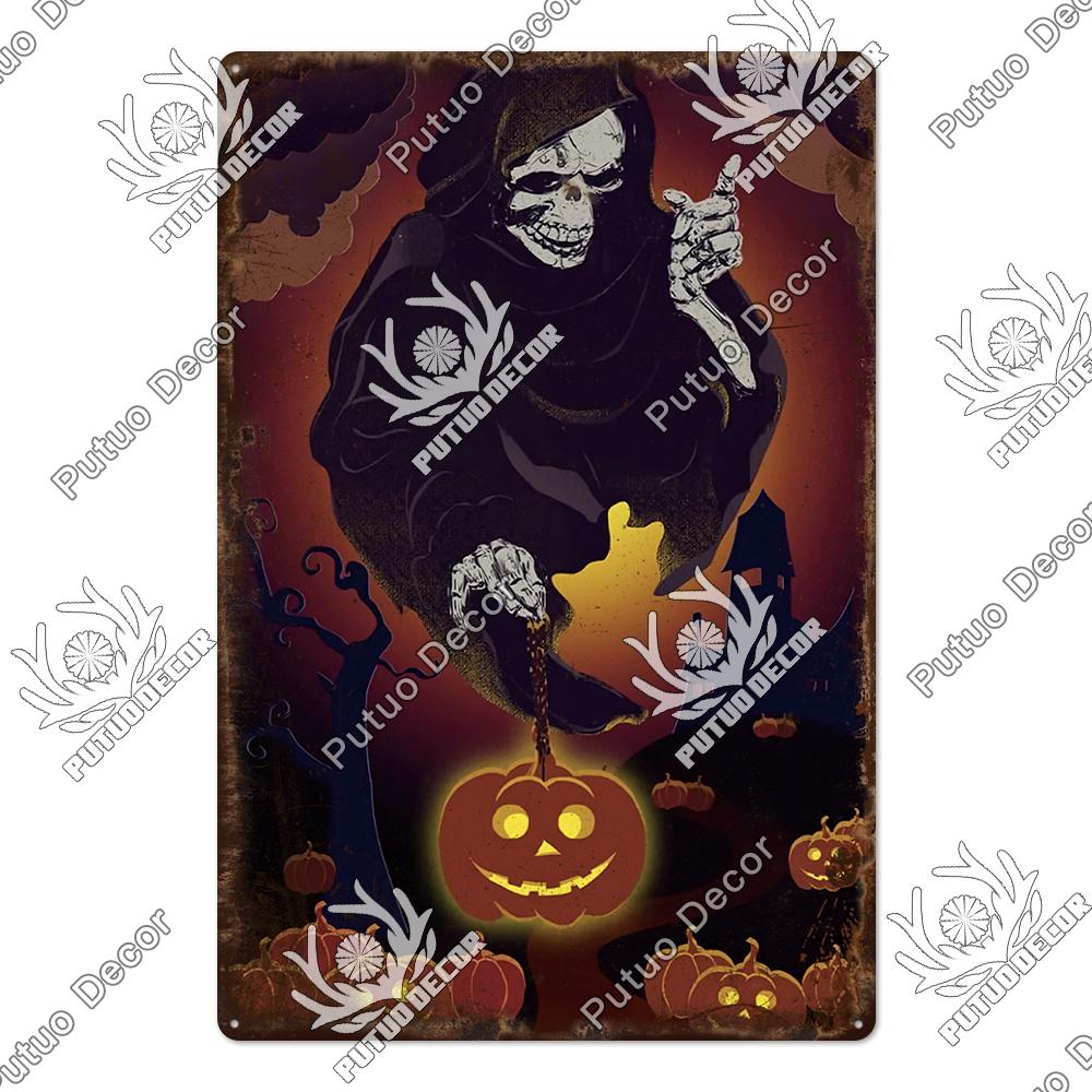 Putuo Decor Halloween Vintage Tin Signs Plaque Metal Plate Retro Poster Wall Art Decoration for Home Bar Living Room Door Yard