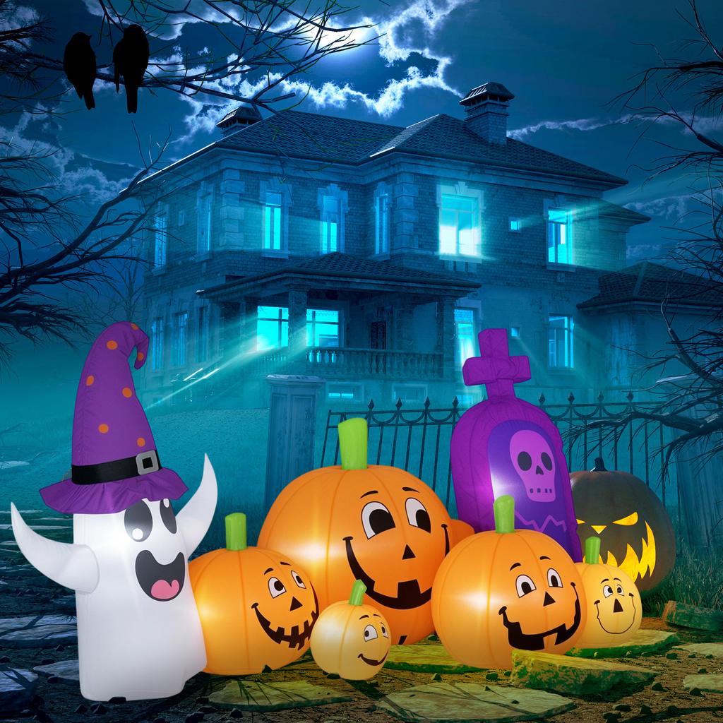Inflatable Halloween Pumpkin with Ghost Tombstone with LED Lights IP44 and Inflator for Parties 240x130x130 cm Multicolor